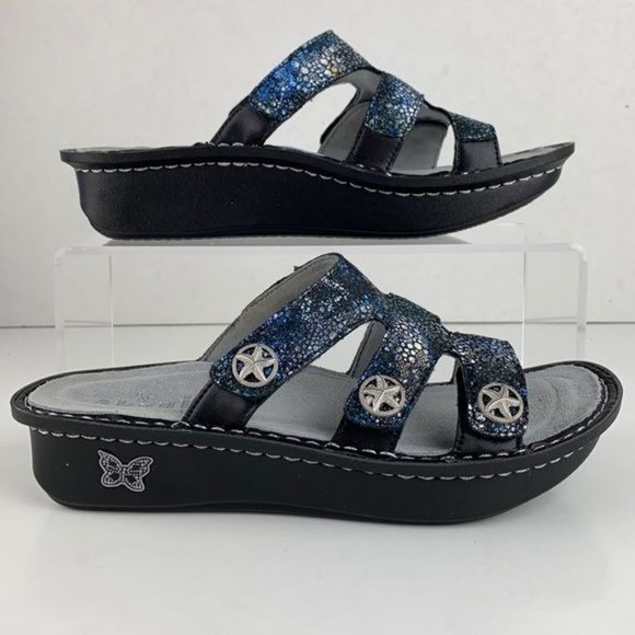 Size EU 38 Alegria Dinah Leather Slip-On Sandals w/ Strap Details - Deep Sea - Picture 3 of 10